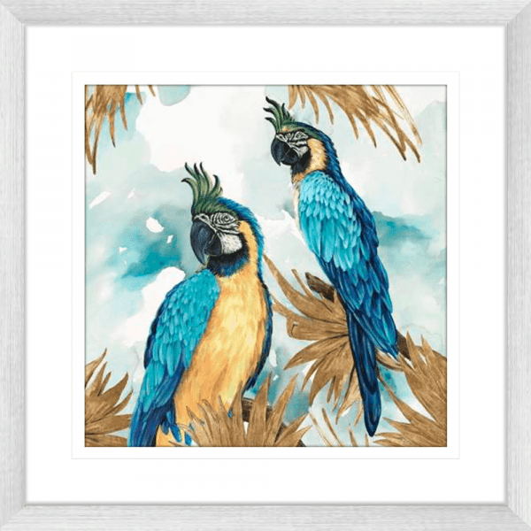 Golden Parrots | Silver Framed Artwork
