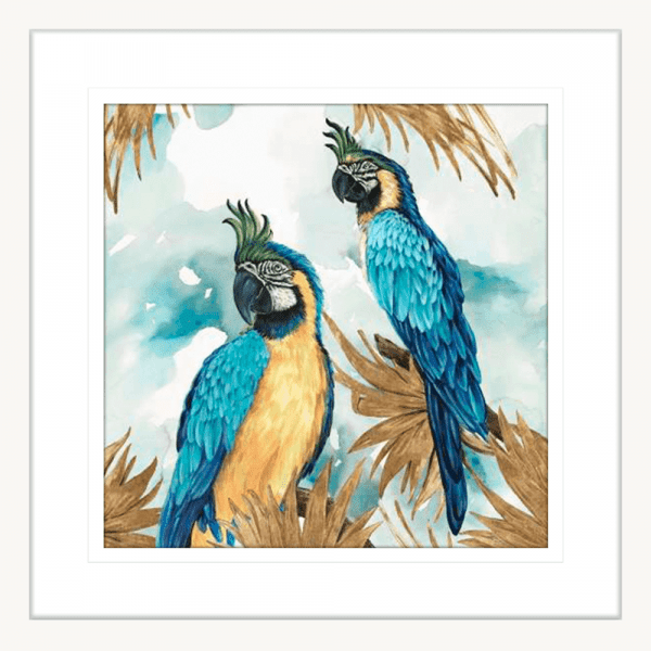 Golden Parrots | White Framed Artwork