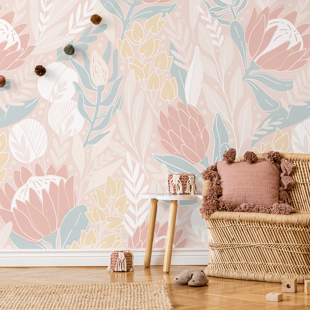 Protea in Bloom – Soft Coral – Wallpaper Mural - Mint Art Co
